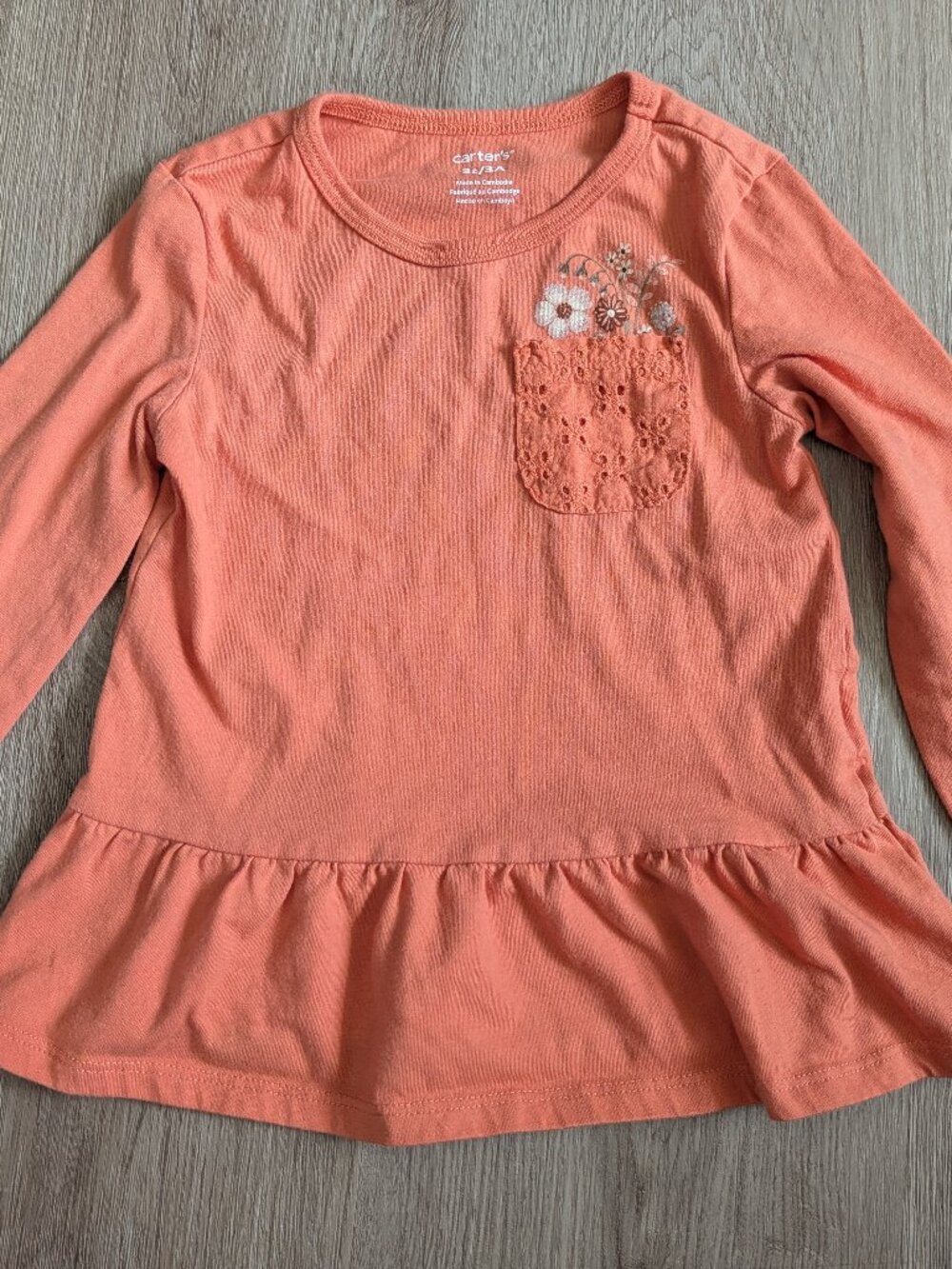 Carters Girls 3T Coral Long Sleeve Top Ruffle Hem Lace Pocket
